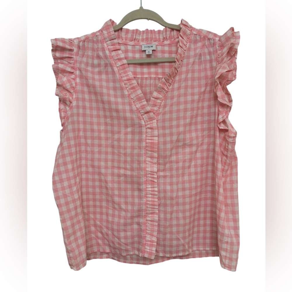 J.Crew Pink and white Sleeveless Gingham Ruffle collar Blouse